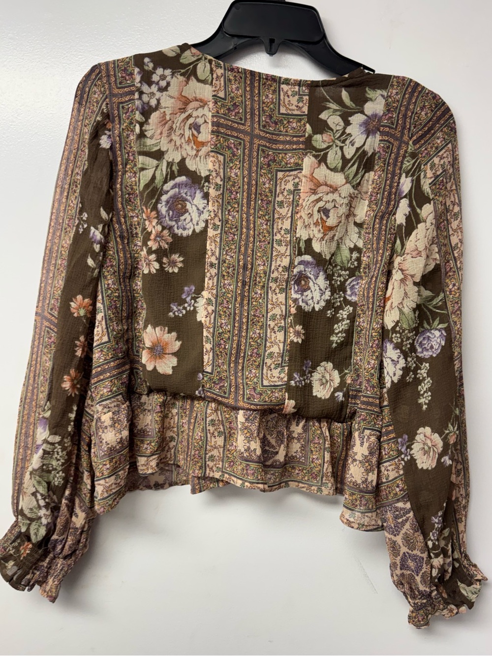 American Eagle XL Boho Floral Tie Front Peplum Blouse Bell Sleeve Cottagecore B6 - Picture 4 of 10